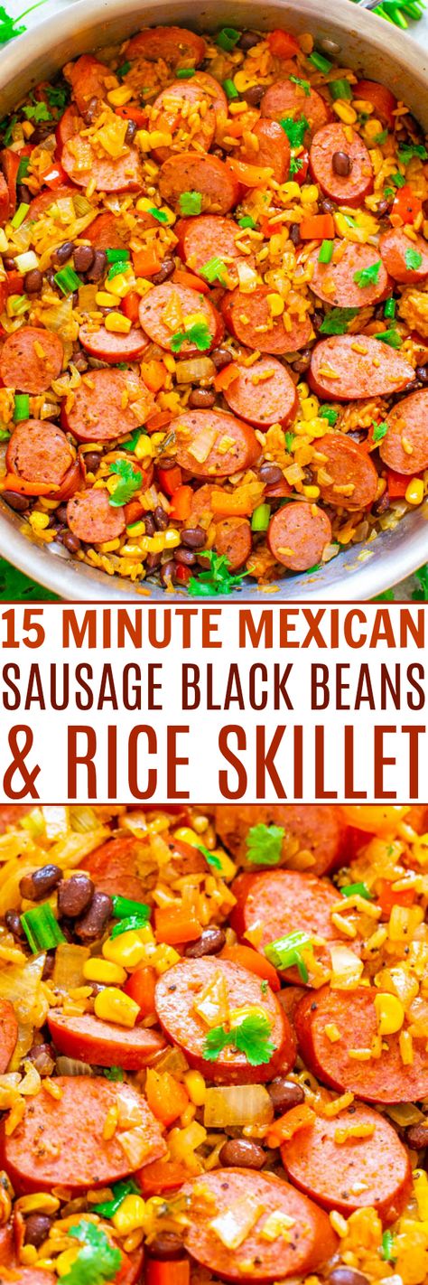 15-Minute Mexican Sausage, Black Beans, and Rice Skillet - A FAST and EASY recipe that's loaded with Mexican-inspired flavors and ingredients!! Break out of your chicken rut with this FLAVORFUL dish that's perfect for busy weeknights!! Mexican Rice With Sausage, Mexican Rice Beans, Mexican Rice And Beans, Mexican Sausage, Mexican Skillet, Mexican Rice Easy, Sausage Rice, Rice And Beans Recipe, Black Beans And Rice