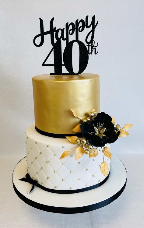 2 tier black & gold 40th birthday cake with wired sugar peony spray Gold 40th Birthday Cake, Gold Anniversary Cake, 40 Birthday Cake, 75th Birthday Cake, 2 Tier Birthday Cake, 50 Birthday Cake, Black And Gold Birthday Cake, 75 Birthday Cake, Art Birthday Cake