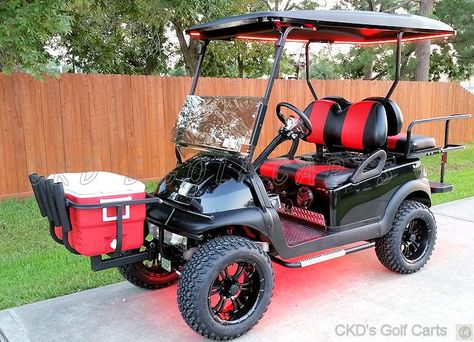 Combination golf cart cooler rack and fishing pole holder from CKD Golf Carts Gold Cart, Lifted Golf Carts, Golf Cart Ideas, Custom Golf Cart, Fishing Pole Holder, Ezgo Golf Cart, Golf Watch, Car Golf, Club Car Golf Cart