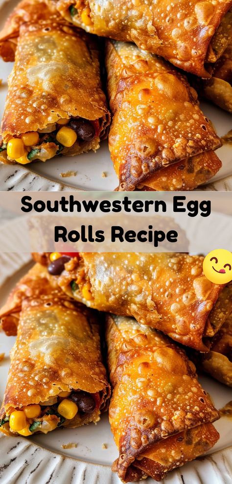 Try these Southwestern Egg Rolls with a crispy shell and a spicy, cheesy filling. Perfect for any occasion! Southwestern Egg Rolls Recipe, Spinach Dip Egg Rolls, Chili’s Southwestern Egg Rolls, Different Egg Roll Fillings, South Western Egg Rolls Recipe, Egg Roll Charcuterie Board, Eggroll Wrapper Ideas, Southwest Eggrolls Recipe Easy, Southwest Eggrolls Recipe