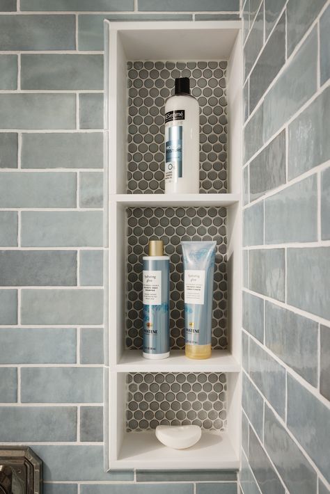 Small Shower Niche Ideas, Off Center Shower Niche, Bath Niche, Update Bathroom, Tile Shower Niche, Modern Shower Design, Bathroom Niche, Shower Tiles, Master Bath Shower