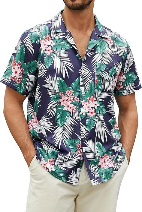 Amazon.com: Hardaddy Mens Hawaiian Shirt Palm Leaf Tropical Floral Shirt Short Sleeve Button Down Shirts Summer Beach Hawaiian Dark Blue-White Floral L : Clothing, Shoes & Jewelry Matching Pairs, Mens Shorts Summer, Hawaiian Outfit, Classic Wardrobe Staples, Shirts Summer, Tropical Summer, Beach Shirt, Mens Hawaiian Shirts, Shirt Short Sleeve