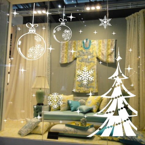 White Snowflake Merry Christmas Tree Vinyl Wall Sticker Decals Window Decor Christmas Tree Vinyl, Christmas Window Painting, Christmas Wall Stickers, Nordic Winter, Decoration Vitrine, Christmas Window Display, Christmas Vinyl, Christmas Window Decorations, Glass Decals