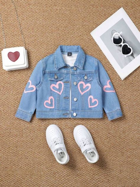 Baby Girl Heart Printed Long Sleeve Denim Jacket | SHEIN USA Girls Jacket Design, Kawaii Denim Jacket, Girls Jean Jacket With Patches, Baby Denim Jacket, Kids Jeans Jacket, Long Sleeve Denim Jacket, Baby Jacket, Heart Print, Cropped Jeans