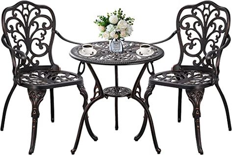 Withniture 3 Piece Bistro Set Outdoor Bistro Table and Chairs Set of 2, Cast Aluminum Patio Bistro Sets with Umbrella Hole, All Weather Bistro Table Set for Front Porch, Balcony (Bronze) Bistro Table And Chairs, Outdoor Bistro Table, Cast Aluminum Patio Furniture, Bistro Table Set, 3 Piece Bistro Set, Summer Furniture, Outdoor Bistro, Bistro Table Outdoor, Table Bistrot