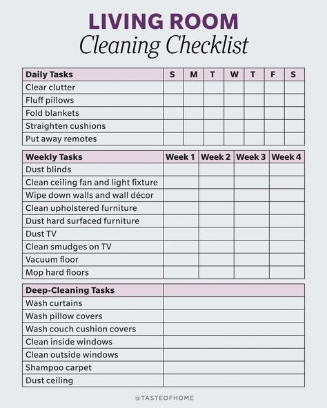 Living Room Cleaning Checklist, Room Cleaning Checklist, Living Room Checklist, Cleaning Upholstered Furniture, Clean Room Checklist, Household Cleaning Schedule, Clean Living Rooms, Living Room Cleaning, Room Checklist