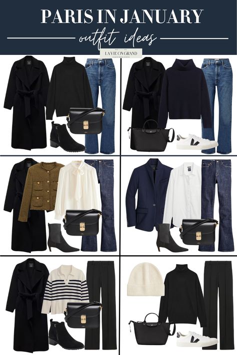 Graphic of 6 different outfit combinations to pack for Paris in winter. Paris Winter Outfit 2024, Paris Capsule Wardrobe Winter, Paris In February Outfits, Winter Paris Outfits, Paris Capsule Wardrobe, Parisian Chic Style Winter, Casual Trench Coat Outfit, January Outfit, What To Pack For Paris