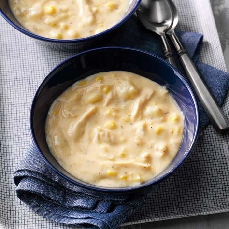 Creamy Chicken Corn Chowder - Taste of Home Small Batch Corn Chowder, Cheesy Chicken And Potatoes, Cheese Chicken Soup, Creamy Chicken Corn Chowder, Slow Cooker Corn Chowder, Chicken Corn Chowder Recipe, Creamy Cheesy Chicken, Potatoes And Corn, Cheesy Cauliflower Soup