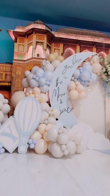 Events with Maya on Instagram: "We Love you to the Moon & Back🌙 Venue : @ #hotairballoontheme #babyshowerideas #babyshowerdecor #itsaboy #boy #babyshowerballoons #njeventplanner #kids #momtobe #" Over The Moon Balloon Arch, Love You To The Moon And Back Baby Shower Theme, Love You To The Moon And Back Gender Reveal, Love You To The Moon And Back Backdrop, Love You To The Moon And Back Balloon Arch, Love You To The Moon And Back Baby Shower, Moon Balloon, Moon Baby Shower, Community Center