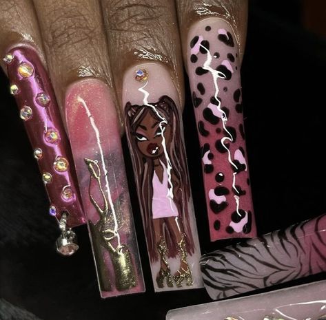 Xxl Nail Ideas, Pink Nails Y2k, Pink Leopard Print Nails, Doll Nails, Nails Leopard Print, Xxl Nails, Nails Leopard, Funky Nail Designs, Designer Nails