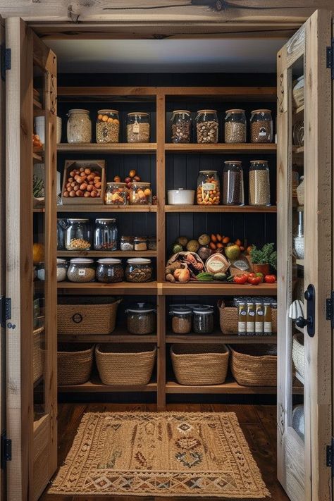 Organize in Style: Farmhouse Kitchen Pantry Ideas - Quiet Minimal Farm Pantry Ideas, Pantry Design Farmhouse, Unkitchen Ideas, Kitchen Open Pantry, Produce Storage Kitchen, Cottage Pantry Ideas, Cozy Pantry, Culinary Kitchen, Cabin Pantry Ideas