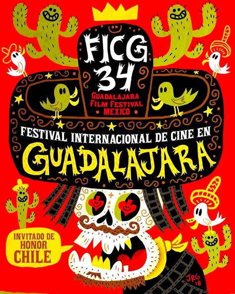 First poster design of the year 2018 - Festival International De Cine En Guadalajara Mexico Design, Festival Flyer, Festival Posters, Art Style Inspiration, Children's Book Illustration, Skull Art, Food Design, Book Illustration, Work In Progress