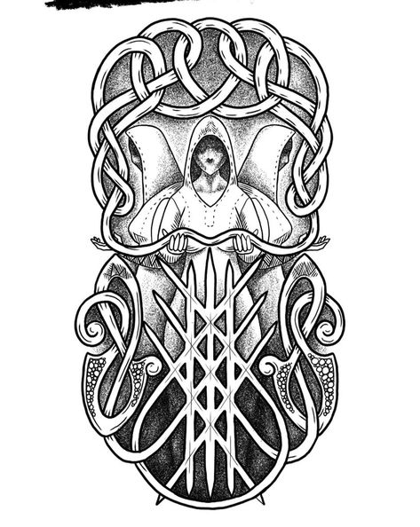 Norns Norse Mythology Tattoo, Viking Tattoo Ideas Norse Mythology, Norse Mythology Drawing, Hel Norse Mythology, Celtic Tattoos For Men, Viking Knotwork, Celtic Animals, Norse Mythology Tattoo, Dragon Sleeve Tattoos