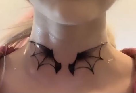 Bat Wing Tattoo On Neck, Tatoos Shoulders, Bat Wings Neck Tattoo, Vampire Wings Tattoo, Bat Wing Neck Tattoo, Bat Throat Tattoo, Bat Wing Tattoo, Bat Wings Tattoo, Vampire Tattoo Designs