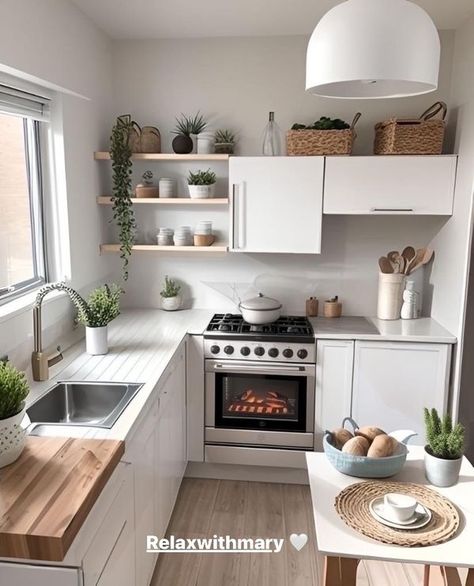 Relaxwithmary Cute Minimalist Kitchen, Simple Kitchen Apartment, Cocinas Aesthetic, Classy Rooms, Interior Design Layout, Small Kitchen Layouts, Open Plan Kitchen Living Room, Kitchen Aesthetic, Kitchen Dinning