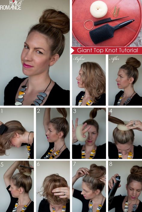 Bun With Donut, Top Bun Hair, Hair Knot Tutorial, Knot Hairstyle, Donut Bun Hairstyles, Women With Short Hair, A Lot Of Hair, Braided Top Knots, Hair Donut