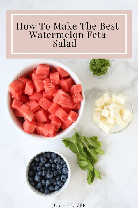 Watermelon Blueberry Feta Salad with Lemon Vinaigrette is a refreshing and vibrant dish perfect for summer. Combining juicy cubed watermelon, sweet blueberries, tangy feta cheese cubes and fresh mint leaves. The light and zesty vinaigrette ties everything together, making this the perfect side dish or appetizer to enjoy on a warm summer day. #summersalad #watermelonfetasalad #watermelonsalad Watermelon Blueberry Feta Salad, Blueberry Feta Salad, Blueberry Feta, Cubed Watermelon, Salad With Lemon Vinaigrette, Best Watermelon, Homemade Vanilla Cake, Blueberry Salad, Watermelon Feta Salad