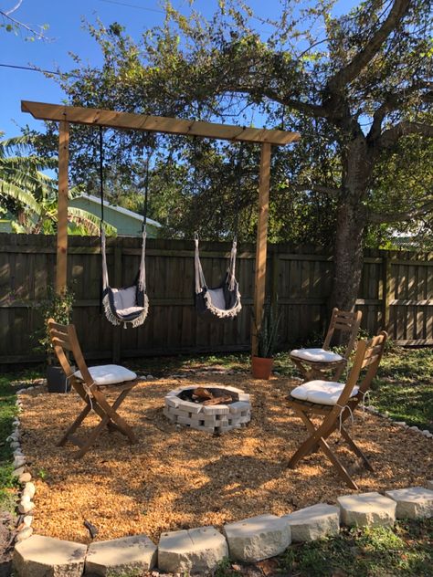 Hammock And Fire Pit Area, Hammock Corner Backyards, Hammock Ideas Backyard Without Trees, Hammock Near Fire Pit, Backyard Landscaping Hammock, Diy Yard, Hammock, Fire Pit, Yard