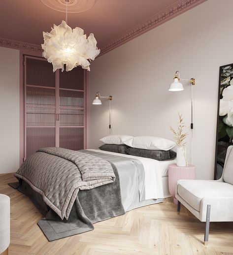 Blush Bedroom, Pink Ceiling, Pink Headboard, Pink Bedding Set, Pink Bedrooms, Design Del Prodotto, Pink Bedding, Pink Bedroom, Pink Decor