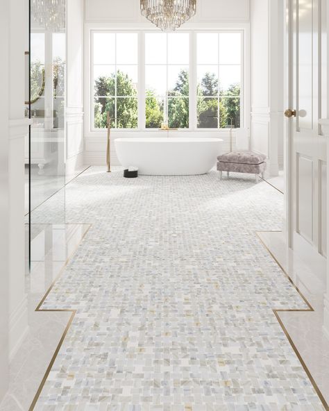 Dreaming up endless possibilities with our basket weave tiles! From kitchen backsplashes to feature walls, niches, and even outdoor floors, these tiles redefine versatility. ✨ Explore our collection now at tileclub.com! White Tile Floor Bathroom, Calacatta Gold Marble Bathroom, Patterned Tile Fireplace, Calacatta Gold Bathroom, Traditional Kitchen Backsplash, Mosaic Bathroom Floor, Calcutta Gold Marble, Marble Mosaic Floor, Thassos Marble