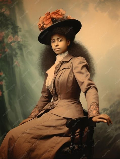 Premium AI Image | Old colored photograph of a black woman from the early 1900s 1910s Fashion Black Women, Victorian Black Women, Black Victorian Women, Old Black Lady, Lady Bracknell, Late 1800s Fashion, Vintage Black Women, Script Analysis, Study Reference