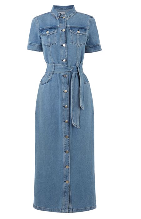 This Morning fans are rushing to buy Rochelle Humes' denim Warehouse dress | HELLO! Short Sleeve Denim Dress, Button Down Denim Dress, Aztec Dress, Billabong Dress, Midi Denim, Denim Midi Dress, Long Sleeve Shift Dress, Denim Shirt Dress, Printed Shift Dress