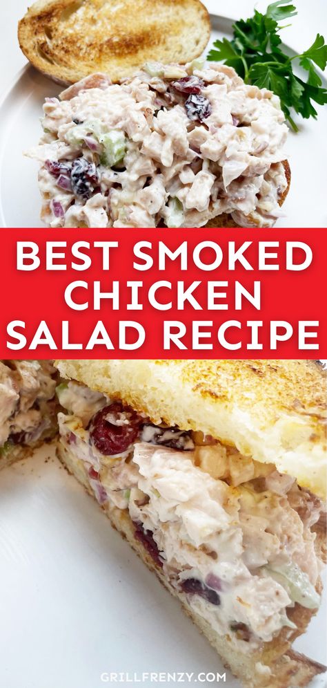 This homemade, smoked chicken salad is to die for! We're combining juicy, smoky chicken with fresh, crisp veggies and creamy mayo that will make this smoker recipe your new go-to lunch favorite. You can serve this smoked chicken salad on its own or make a delicious chicken salad sandwich. | salad with smoked chicken | best smoked chicken salad recipe | smoked chicken salad sandwich recipe | smoked chicken salad recipe easy | smoked chicken salad sandwich | smoked chicken salad recipe Bbq Meat Ideas, Recipes For Smoker, Smoked Side Dishes, Smoked Chicken Breast Recipe, Smoked Chicken Salad, Deli Style Sandwiches, Smoked Chicken Recipes, Salads Chicken, Chicken Best