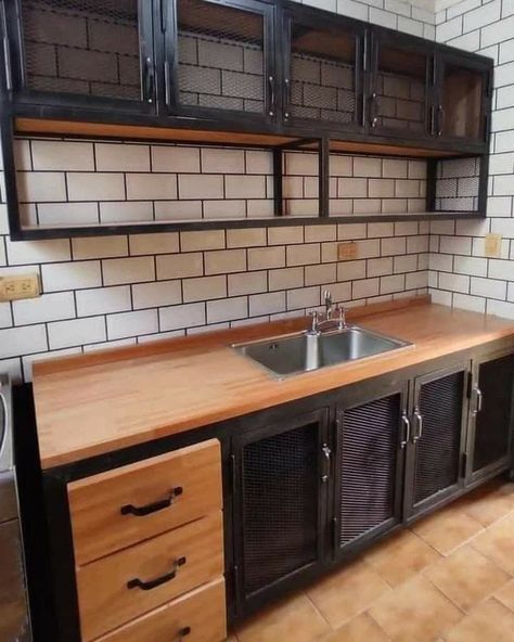 Steel And Wood Kitchen Cabinets, Iron Furniture Design Modern, Industrial Cabinet Design, Iron Decor Ideas, Industrial Interior Design Kitchen, Small Industrial Kitchen, Industrial Kitchen Cabinets, Dapur Industrial, Metal And Wood Kitchen