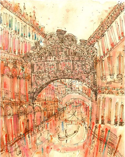 "THE BRIDGE OF SIGHS VENICE This Venice print is a reproduction taken from my original painting which I produced using watercolour, pencil, dip pen and ink, and pastel and depicts the beautiful Bridge of Sighs in Venice Italy.  * Giclee print on Matt Ultra 240gsm white paper with archival quality inks * IMAGE SIZE 7\" x 9\" * PAPER SIZE 8\" x 10\" * White 1/2\" border around image * Small text printed in lower left corner of print reads - 'Bridge of Sighs Venice    www.clarecaulfield.co.uk' **Th Venice Bridge, London Drawing, Venice Print, London Art Print, Venice Painting, Bridge Art, City Painting, Art Carte, Uk Artist