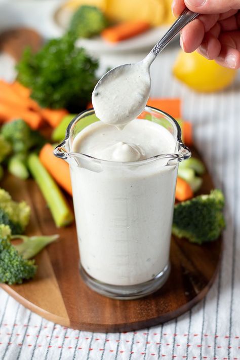 This Vegan Ranch Dressing is healthy, affordable, allergy-friendly, and delicious. There is also a soy-free option! Vegan Pantry Staples, Oil Free Salad Dressing, Vegan Ranch Dressing, Vegan Salad Dressing, Vegan Pantry, Non Dairy Milk, Vegan Dressing, Low Histamine, Ranch Dressing Recipe