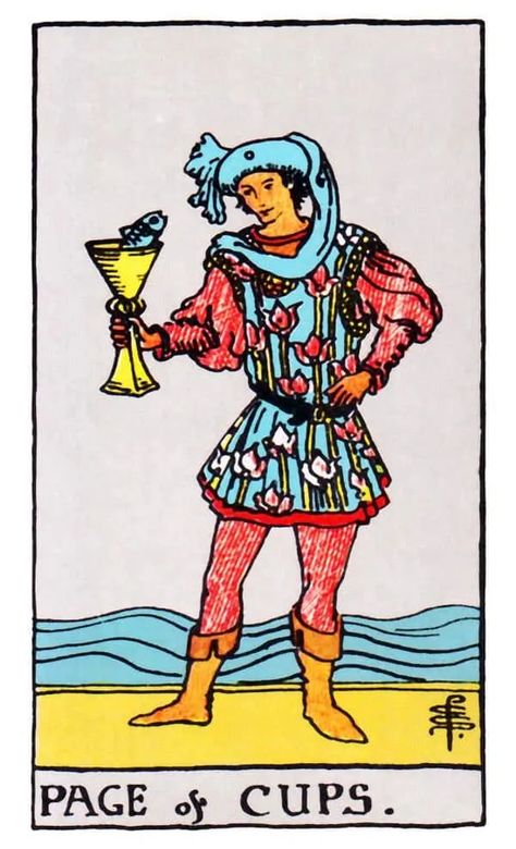 Page of Cups Tarot Card Meaning: Love, Health, Money & More Page Of Cups Tarot, Tarot Pictures, Page Of Cups, Tarot Cups, King Of Cups, Free Tarot Cards, King Of Wands, Knight Of Cups, Rider Waite Tarot Decks