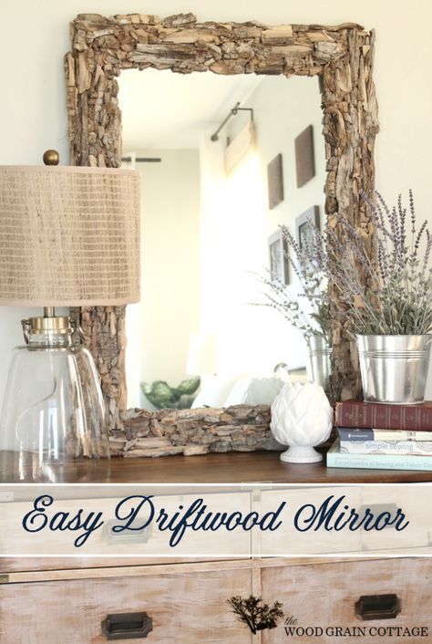 Easy Driftwood Mirror by The Wood Grain Cottage I think I need to make 2 of these mirrors for my beachy bathroom remodel... Now - where do I find driftwood? Easy Diy Mirror Frame, Diy Home Decor For Apartments, Driftwood Mirror, Diy Rustic Home, Mirror Frame Diy, Lights Ideas, Diy Dining Room, Diy Dining, Diy Mirror