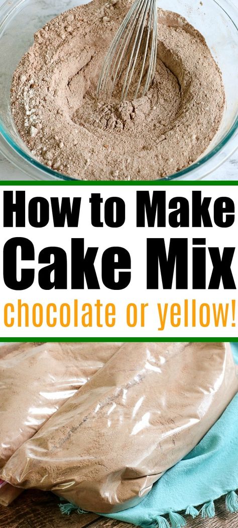 How to make cake mix either chocolate or yellow with ingredients at home. If you don't have boxed cake mix you can still save dessert. Diy Yellow Cake, Cake Mix From Scratch, Cake Mix Recipes Homemade, Homemade Yellow Cake, Yellow Cake Mix Recipes, Homemade Cake Mixes, Easy Dump Cake Recipe, Boxed Cake Mixes Recipes, Cake Mix Ingredients