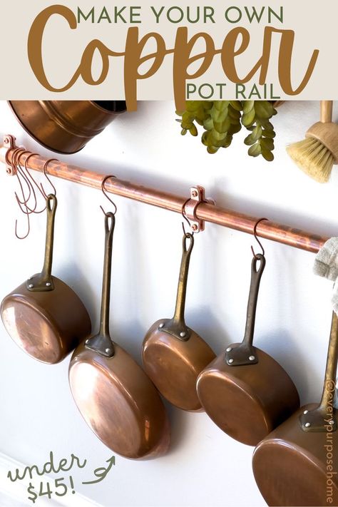 make your own copper pot rail Copper Decor Accents, Copper Pans Hanging, Copper Pot Rack, Copper Pots Kitchen, Decorating With Copper, Home Decor Ideas Handmade, Shelves On The Wall, Handmade Home Decor Ideas, Copper Pots And Pans