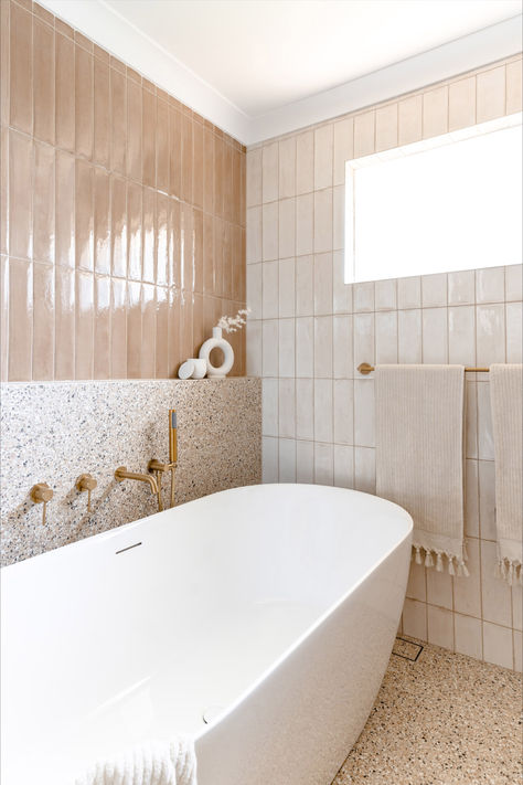 What a transformation! Peachy pinks + terrazzo + brass = one of our favourite colour combinations. Featuring our Soul Tapware & Accessories in Brushed Brass and our Glacier Freestanding Bath.⁠ Swipe across to see what the bathroom looked like before the renovation. Pink Terrazzo Bathroom, Terrazzo Bathroom, Peach Bathroom, Pink Terrazzo, Warm Bathroom, Bathroom Freestanding, House Makeovers, Architectural Designer, Bathroom Redesign