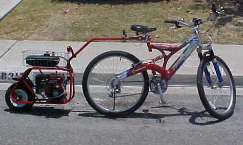 [Push Trailers] tagalong and trailer pushers Motorized Tricycle, Gas Powered Bicycle, Bicycle Engine Kit, Electric Bike Diy, Homemade Go Kart, Bicycle Diy, Bicycle Engine, Trike Bicycle, Powered Bicycle