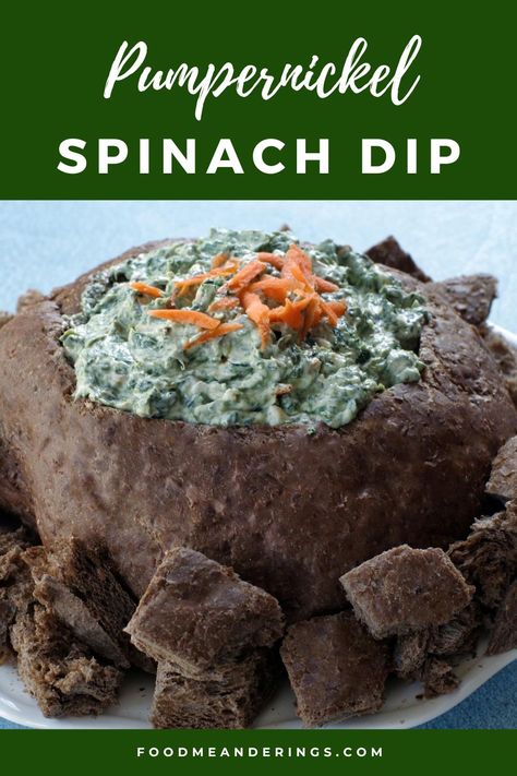 This easy and flavorful Pumpernickel Spinach Dip is made with a few simple ingredients, is quick to whip up and is perfect for your next party, game day or potluck. The best part is this delicious dip is served in an edible bowl! Spinach Dip And Pumpernickel Bread, Spinach Dip Pumpernickel Bread, Spinach Artichoke Dip Pumpernickel, Pumpernickel Bread Spinach Dip, Spinach Pumpernickel Dip, Spinach Dip With Pumpernickel Bread, Pumpernickel Spinach Dip, Spinach Dip In Pumpernickel Bread Bowl, Pumpernickel Bread Recipe Dip