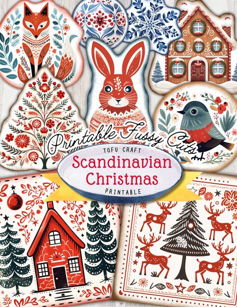 Scandinavian Ornaments, Christmas Scandinavian Style, Stickers For Christmas, Download Stickers, Printable Collage Sheet, Christmas Ephemera, Christmas Collage, Journal Digital, Scandinavian Folk Art