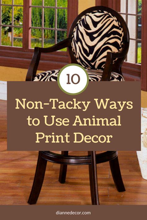 Animal print decor can be a chic, fun accent for your home.  It can also be a tacky disaster.  Here’s how to avoid the latter.    #animalprintdecor #bolddecor #animalprintinterior #animalprintpillows #animalprintchair #homedecorating #decoratingideas #decortips Cowprint Accent Chairs, Animal Print Upholstered Chairs, Zebra Print Furniture Living Rooms, Animal Print Furniture Living Room, Animal Print Chairs In Living Room, Tiger Print Furniture, Animal Print Area Rugs In Living Room, Zebra Accent Chair, Leopard Kitchen Decor