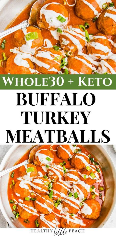 These Buffalo Meatballs are super quick and can be made in a single skillet. They are creamy, juicy and topped with ranch dressing and green onions. Whole30, Keto,Paleo and Dairy Free. #meatballs #buffalomeatballs #buffalorecipes #superbowlappetizer #appetizerrecipes #whole30 #keto #whole30recipes #ketorecipes Buffalo Turkey Meatballs, Buffalo Meatballs, Buffalo Turkey, Turkey Meatballs Healthy, Food Dinners, Paleo Appetizers, Whole30 Keto, Superbowl Appetizers, House Parties