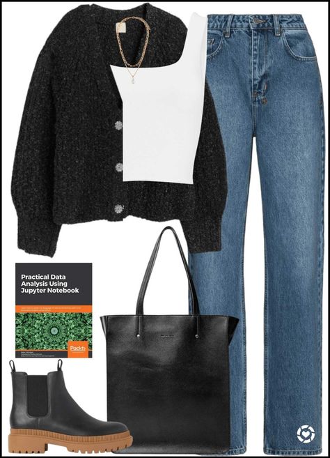 Black cardigan, white tank top and high waisted straight leg jeans and black tote bag and Chelsea boots http://liketk.it/3rRqF @liketoknow.it #liketkit #LTKSeasonal #LTKaustralia #LTKbrasil #LTKeurope #LTKitbag #LTKshoecrush #LTKunder50 #LTKunder100 #LTKsalealert #LTKfit #LTKstyletip Black Jeans White Cardigan Outfit, Black Cargidan Outfit, Jeans And Black Cardigan Outfit, Chunky Black Cardigan Outfit, Black Knitted Cardigan Outfit, Black Jeans Flare Outfit, Black Button Up Cardigan Outfit, Black Button Cardigan Outfit, How To Style A Black Cardigan