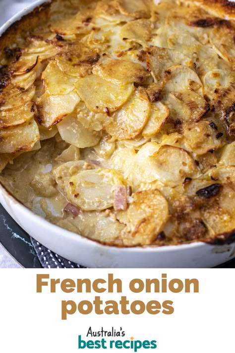 Potato Bake French Onion Soup, French Onion Soup Potato Bake, French Onion Scalloped Potatoes, French Onion Potato Casserole, French Onion Potato Bake, Potato Bake Recipe Easy, Potato Onion Bake, Scallop Potatoes Recipes, French Onion Potatoes