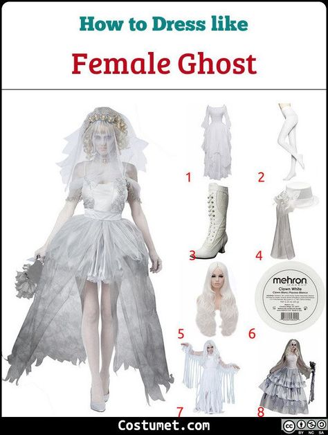 For ghostly costume, you can dress up any which way you like. As long as you look pearly white and bit haunted, that is. For this article, let’s spice things up by tackling Victorian ghosts. Some of the things you will need is a white medieval dress, a white top hat, a white wig.             #misc #male #female #couple #misc #medieval #group #creepy #ghost #Ghostly #victorian White Witch Costume Ideas, Ghost Dress Costume, Ghost Princess Costume, Halloween Ghost Costume Women, White Vampire Costume, Ghost Custome Halloween, Ghost Costume Women Diy, Costumes With White Dress, Diy Ghost Costume For Women