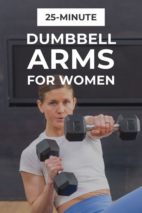 Build strength, definition and muscle tone in the upper body with this dumbbell workout routine: the 7 best dumbbell arm exercises. We love this strict-set format for pushing each muscle group to fatigue, resulting in muscle growth. This is a complete upper body workout, targeting the biceps, triceps, back, chest and shoulders in under 30 minutes. Complete Arm Workout, Arm Workouts With Dumbbells, Upper Body Workout Dumbbell, Strength Definition, Easy Arm Workout, Dumbbell Workout Routine, Running Exercises, Tricep Exercises, Upper Body Workout For Women