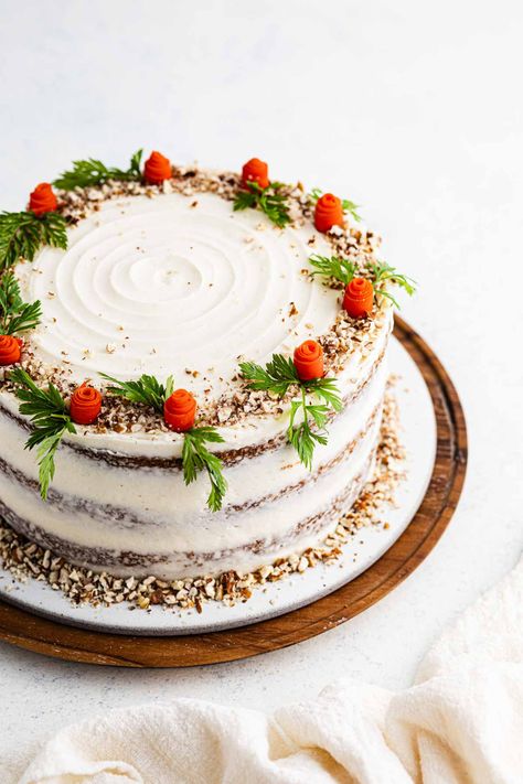 Learn how to make a nude carrot cake with brown butter cream cheese frosting that is moist, tender, and flavorful. Plus, the secret ingredient to make this cake Carrot Cake Christmas Decoration, Carrot Cake Design, Christmas Carrot Cake, Naked Carrot Cake, Carrot Leaves, Brown Butter Cream Cheese Frosting, Carrot Cake Decoration, Brown Butter Cream Cheese, Rotating Cake Stand