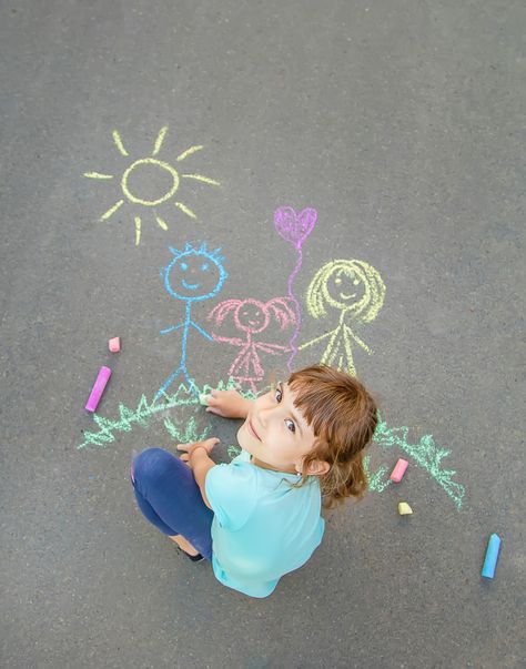 Pavement Chalk Art, Play Photography, Drawing With Chalk, Chalk Pictures, Sustained Investigation, Calming Photos, Photo School, Action Verbs, Boy Drawing