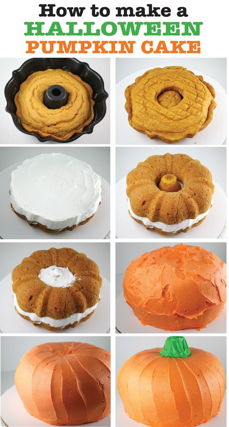 How to make a Halloween Pumpkin Cake. It's easy with 2 half size bundt pans or you could use regular sized bundt pans for a bigger pumpkin. It's so cute and so yummy. Perfect for your #HalloweenParty ! Halloween Pumpkin Cake, Halloween Torte, Bundt Pans, Halloween Fest, Pumpkin Spice Cake, Halloween Baking, Halloween Cake, Halloween Desserts, Halloween Snacks