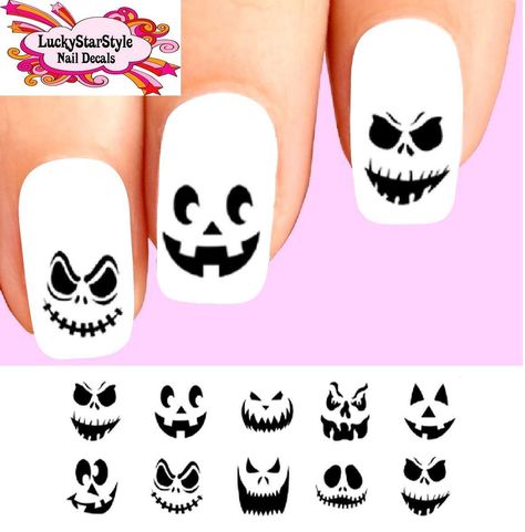 Waterslide Nail Decals Set of 20 - Halloween Pumpkin Jack O Lantern Faces Ast Jack O Lantern Nails, Spider Nail Art, Decal Nails, Spider Nail, Halloween Nail Decals, Nails Black And White, Nail Halloween, Nails For Work, Light Colored Nails