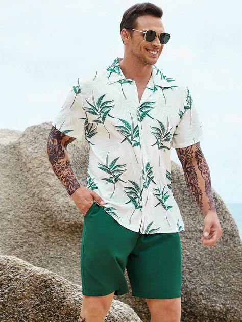 Multicolor Boho Collar Short Sleeve  Tropical,Random Print  Embellished Non-Stretch  Men Clothing Hawaii Men Aesthetic, Tropical Vacation Outfits Men, Tropical Outfit Men, Style For Big Men, Hawaiian Outfit For Men, Hawaiian Man, Mens Vacation Outfits, Hawaiian Outfit Men, Vacation Outfits Men