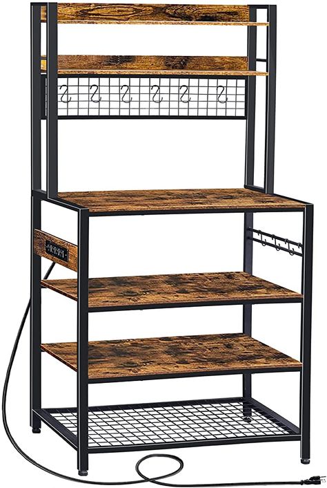 HHETOGOL Bakers Racks for Kitchens with Storage, Bakers Rack with Power Outlet, Coffee Bar, Kitchen Storage Rack with 10 S-Hooks, Kitchen Shelves for Spices, HPJ01B Nightstand Charging Station, Bakers Racks, Coffee Bar Kitchen, Microwave Stand, House Shelves, Basket Kitchen, Coffee Storage, Bakers Rack, Metal Grid